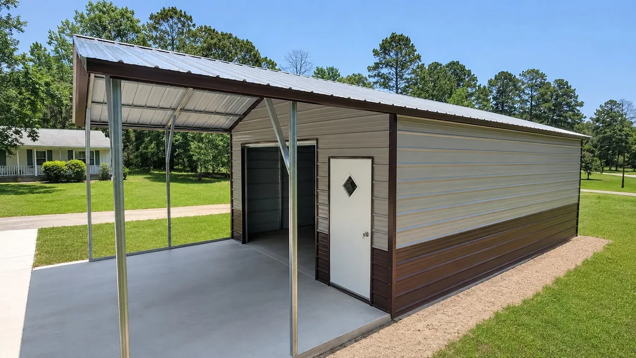 Metal carport attached to a brown and tan metal building