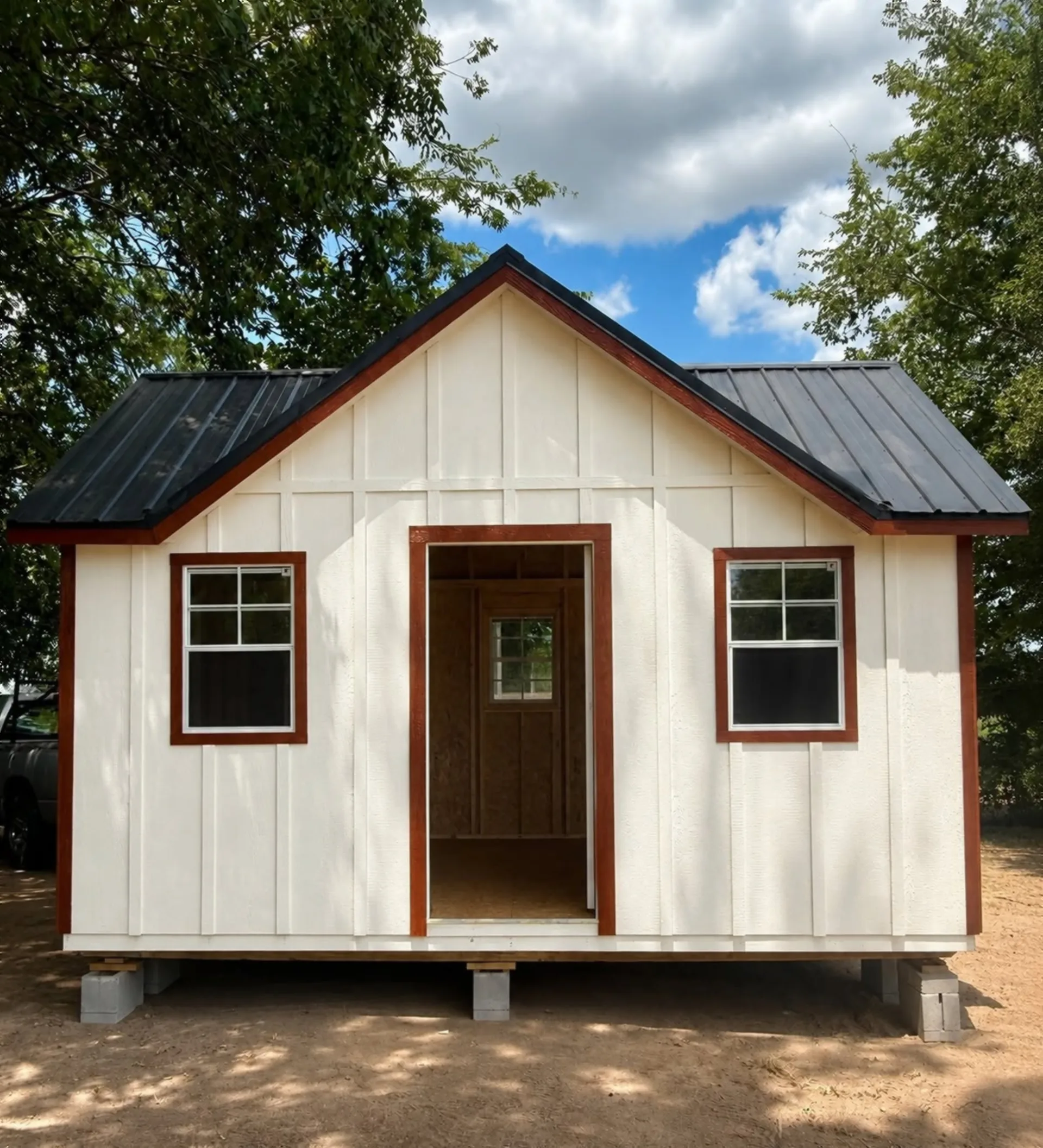 White cottage-style building with brown trim and a covered entry